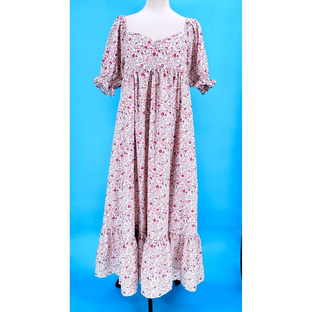 Noralee Tan Floral Cotton Maxi Dress Puff Sleeve XL NWT Prairie Cottagecore Boho